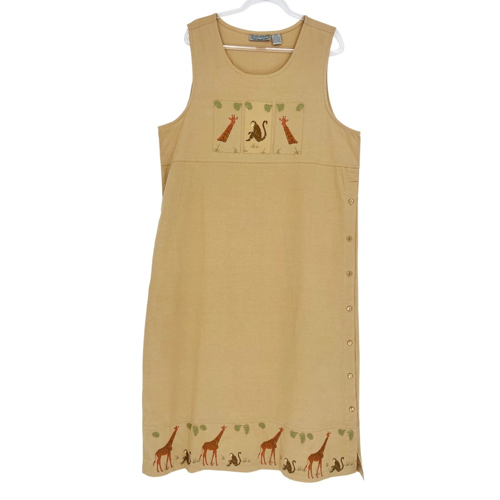 Jane Ashley Maxi Dress Cottagecore XL Safari Giraffe Monkey Cotton Vintage 90s